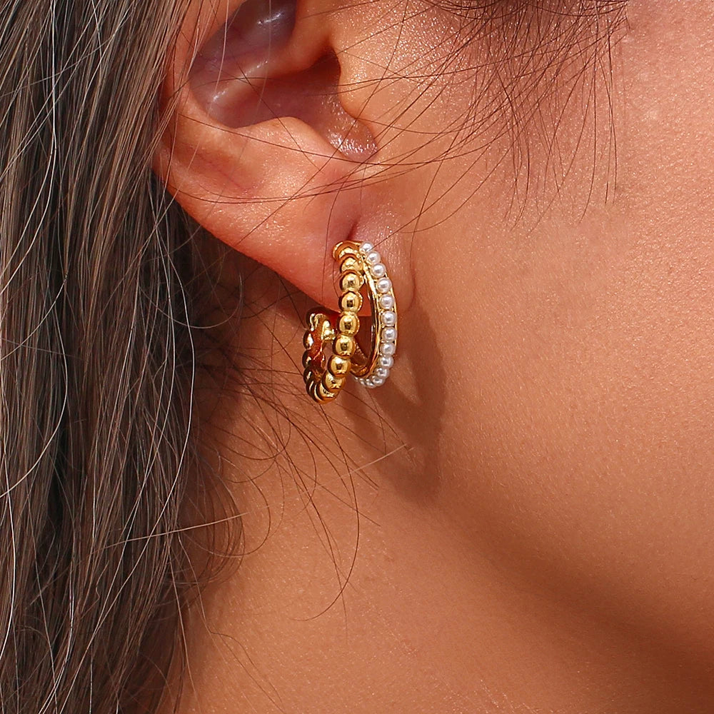 E.B.belle Double Layers Stacked Pearl Hoop Earrings For Women 18K Gold Plated Stainless Steel Chunky Statement Party Earrings