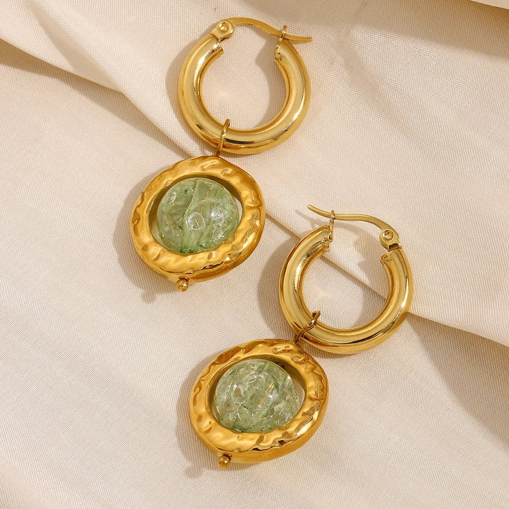 E.B.belle New Creative Green Color Round Lantern Lampwork Pendant Hoop Earring 18k Gold Plated Stainless Steel Woemn Jewelry