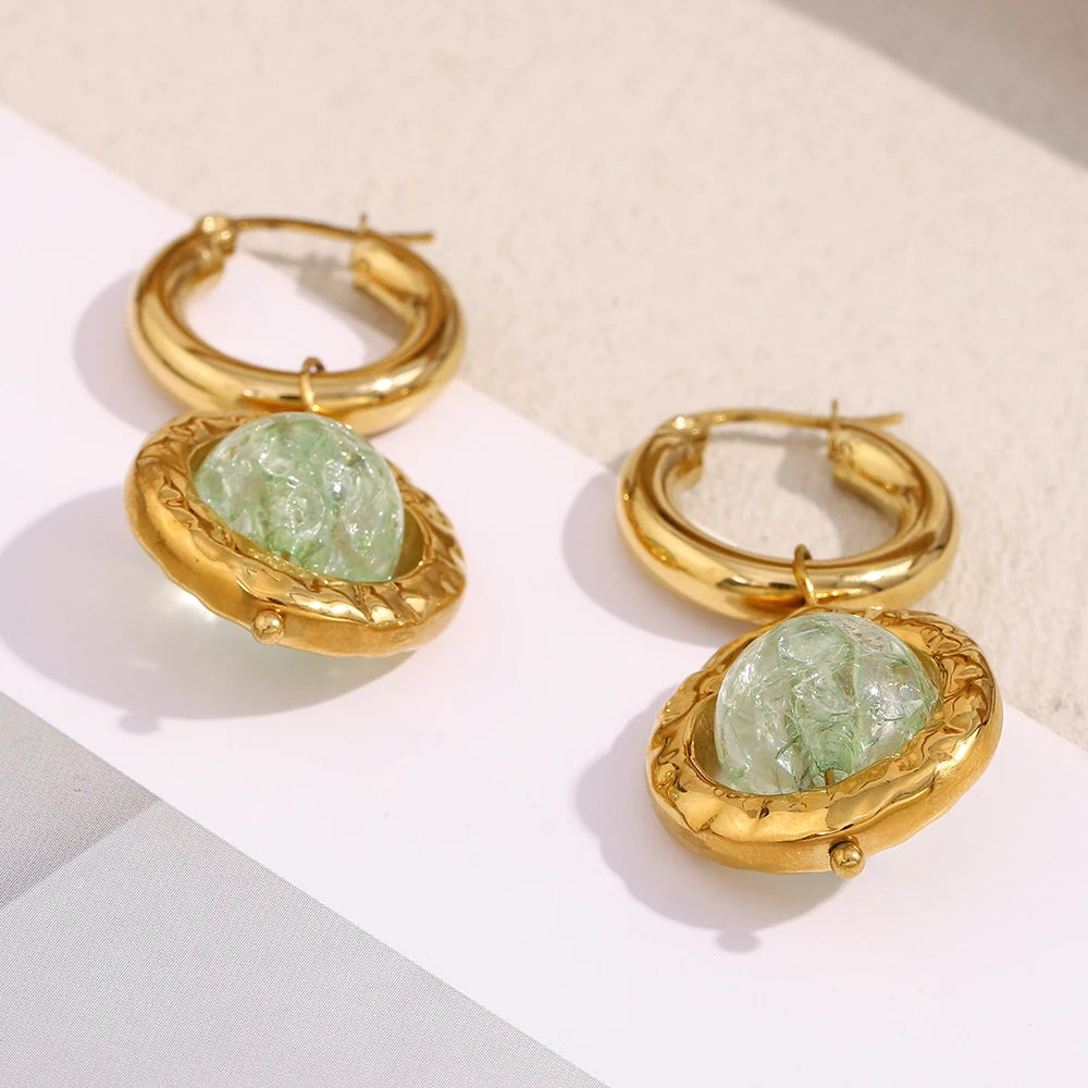 E.B.belle New Creative Green Color Round Lantern Lampwork Pendant Hoop Earring 18k Gold Plated Stainless Steel Woemn Jewelry