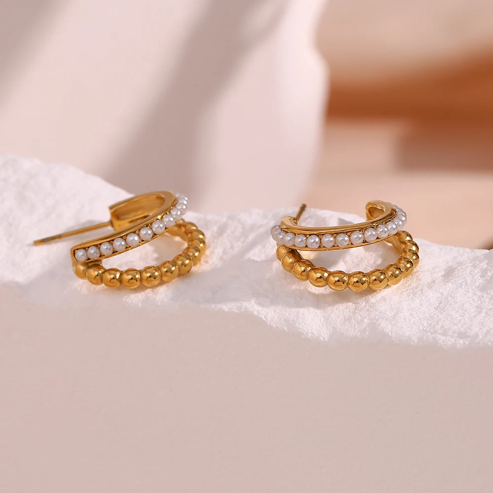 E.B.belle Double Layers Stacked Pearl Hoop Earrings For Women 18K Gold Plated Stainless Steel Chunky Statement Party Earrings