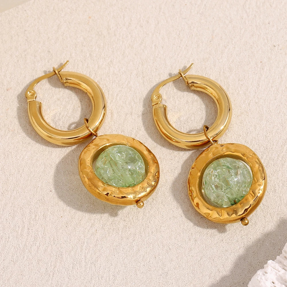 E.B.belle New Creative Green Color Round Lantern Lampwork Pendant Hoop Earring 18k Gold Plated Stainless Steel Woemn Jewelry