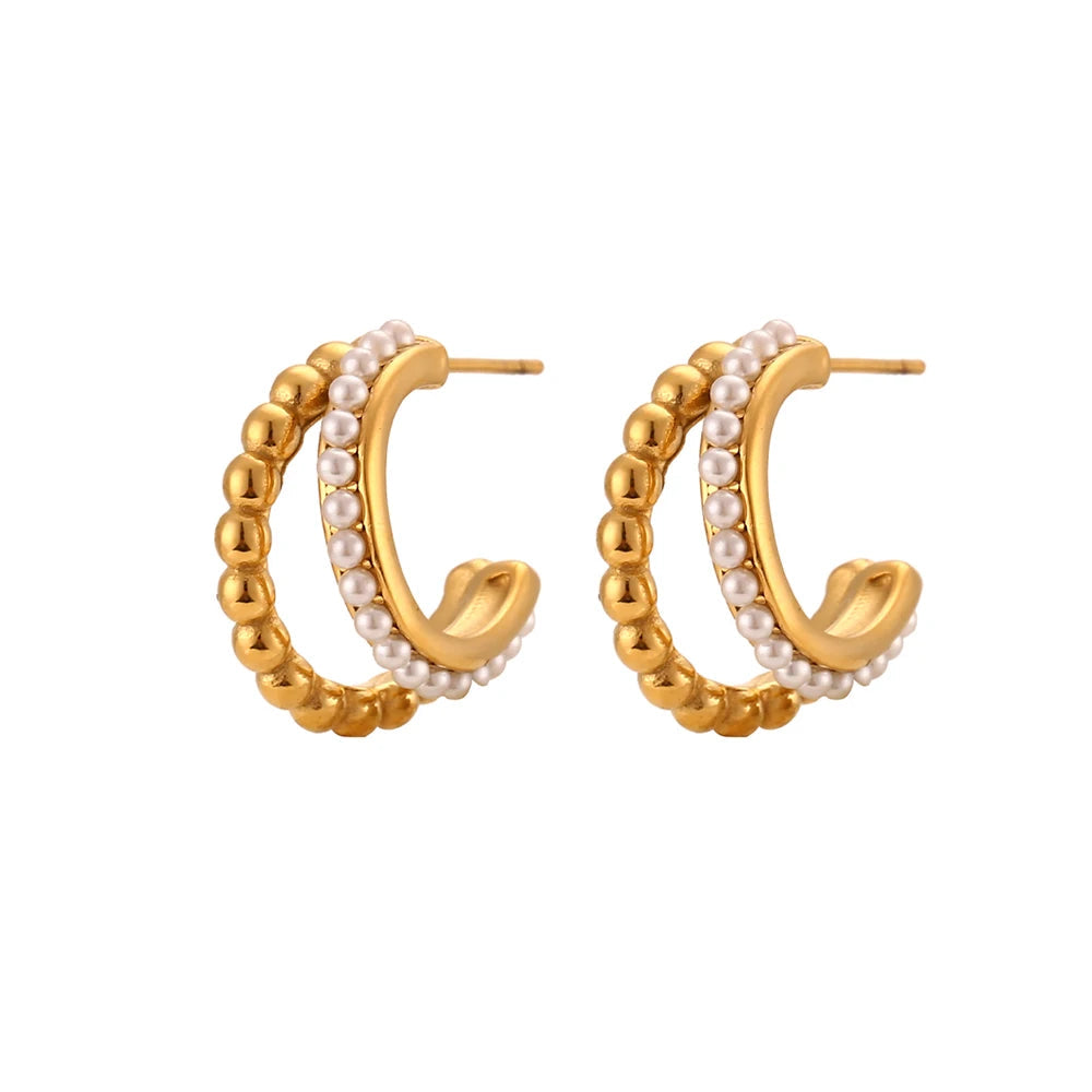 E.B.belle Double Layers Stacked Pearl Hoop Earrings For Women 18K Gold Plated Stainless Steel Chunky Statement Party Earrings