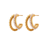E.B.belle Double Layers Stacked Pearl Hoop Earrings For Women 18K Gold Plated Stainless Steel Chunky Statement Party Earrings