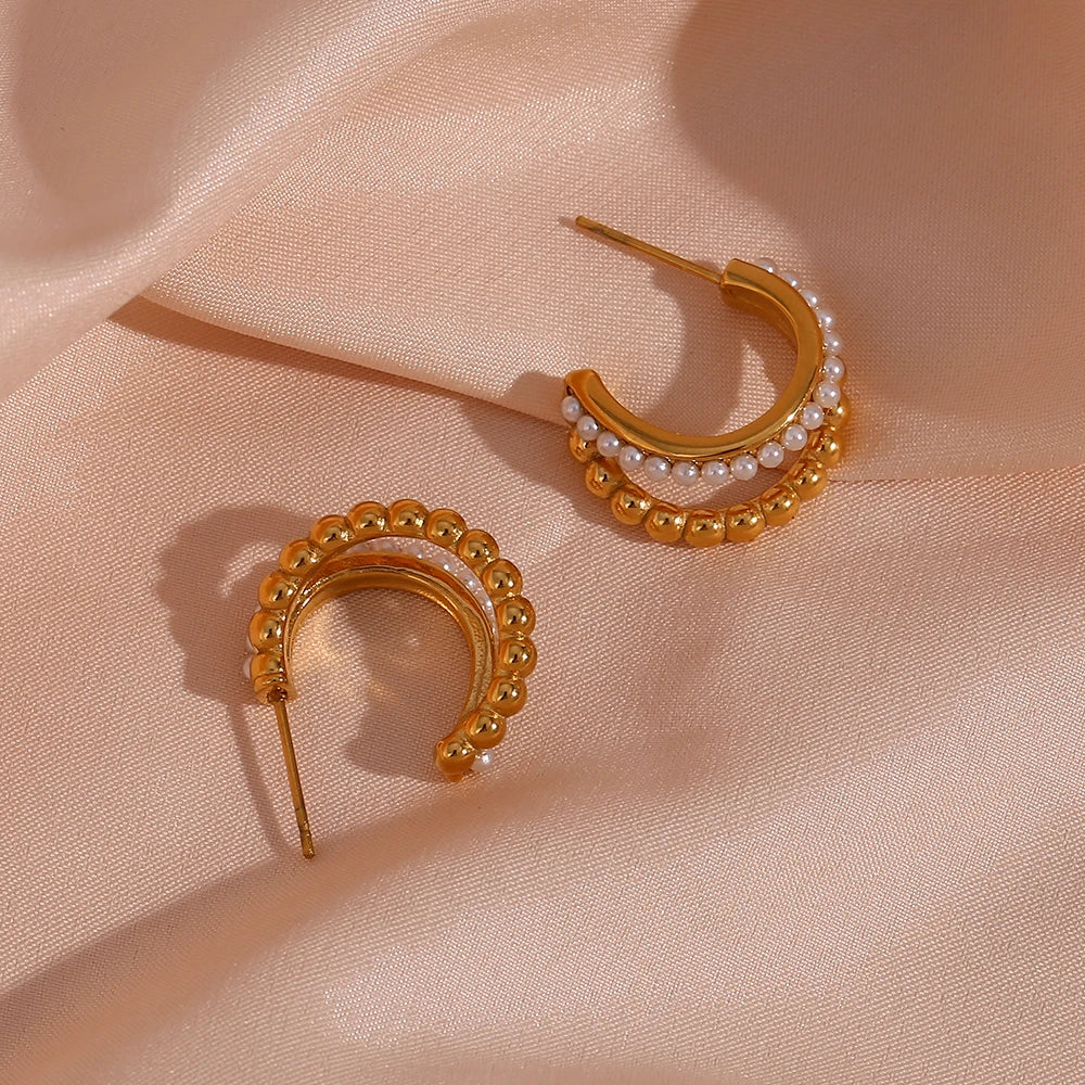 E.B.belle Double Layers Stacked Pearl Hoop Earrings For Women 18K Gold Plated Stainless Steel Chunky Statement Party Earrings