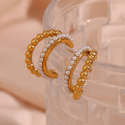 E.B.belle Double Layers Stacked Pearl Hoop Earrings For Women 18K Gold Plated Stainless Steel Chunky Statement Party Earrings