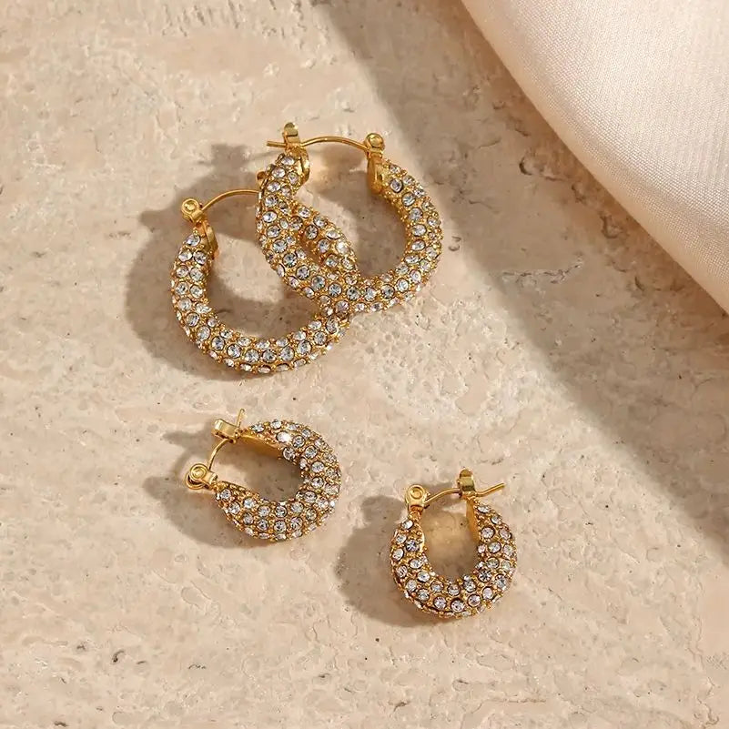 E.B.belle New Delicate Quality Luxury 3A Zircon Hoop Earrings Stainless Steel Jewelry 18K Gold Plated Clear Crystal Earrings