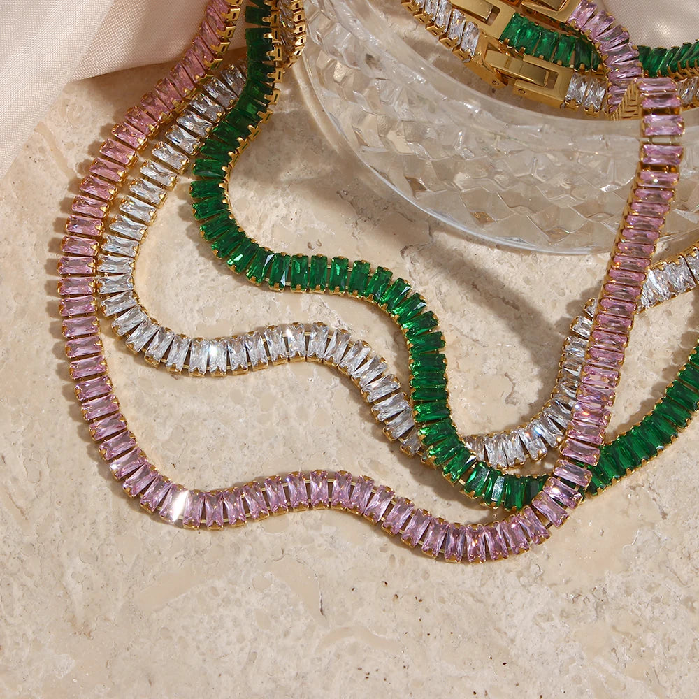 E.B.belle Luxury Christmas Jewelry Gift For Ladies Square Tennis Chain Choker Necklace Green Pink White Black Crystal Necklace