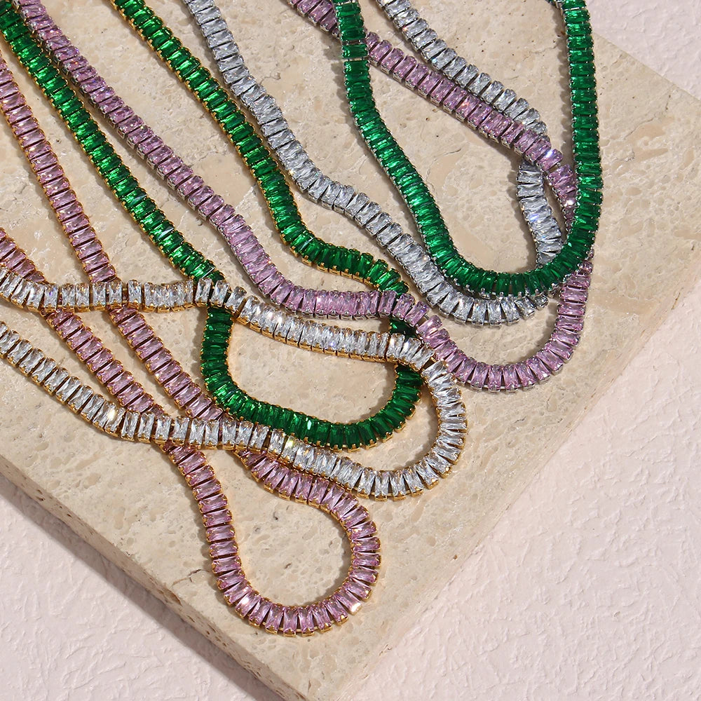 E.B.belle Luxury Christmas Jewelry Gift For Ladies Square Tennis Chain Choker Necklace Green Pink White Black Crystal Necklace