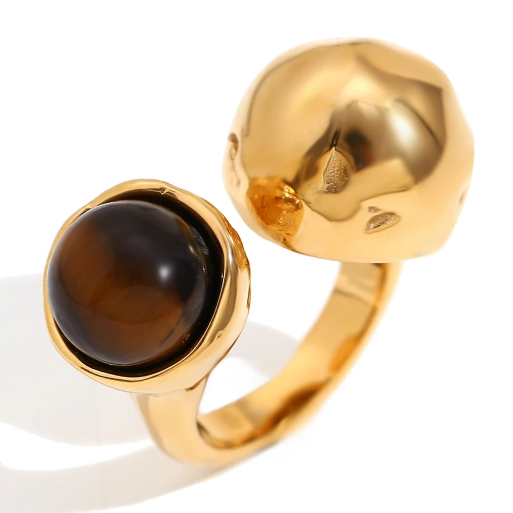 E.B.belle Double Balls Clip Agate Stone Opening Ring Waterproof 316L Stainless Steel Natural Stone Jewelry For Fashion Women