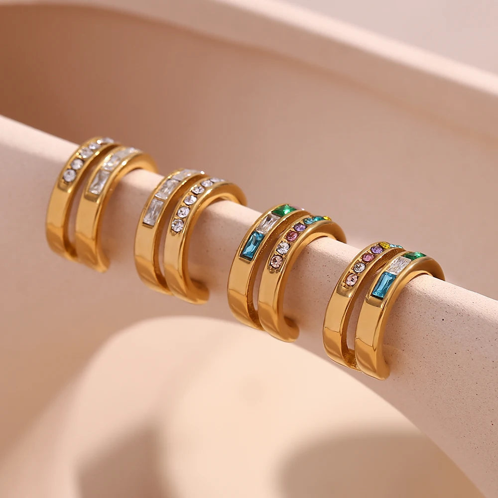 E.B.belle Double layer C-shaped Zircon Earrings 18K Gold Plated Jewelry 316L Stainless Steel Women's Earrings
