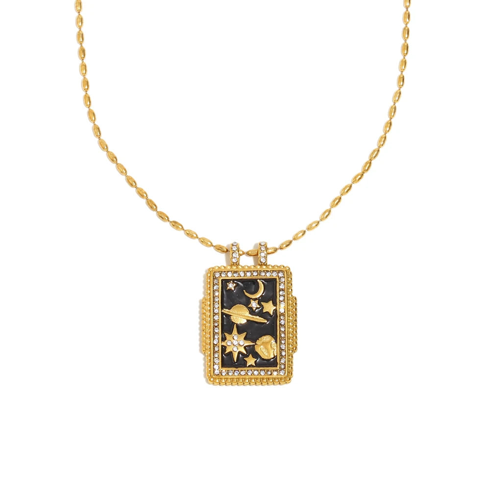 E.B.belle Colorful Enamel Square Zircon Pendant Necklace 18K Gold Plated Stainless Steel Fashion Neck Jewelry