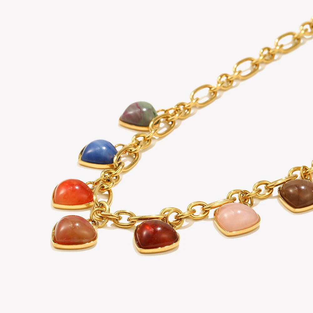 E.B.belle Exaggerated Colorful Gemstone Heart Pendants Necklace Summer Vacation PVD Plated Stainless Steel Fashion Jewelry