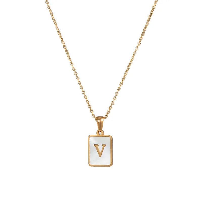 E.B.belle Minimalist Mother of Pearl Shell Stainless Steel Tarnish Free Initial Necklace Gold Plated Letter Necklace for Women