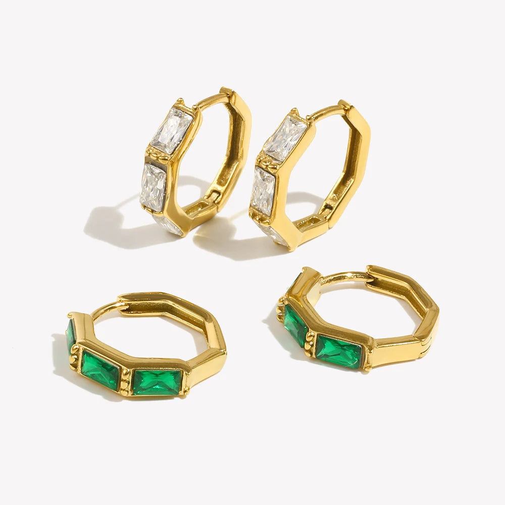 E.B.belle Bamboo Cubic Zirconia Stone Green Clear Small Huggies Hoop Earring Delicate Elegant Ladies Gold Plated Zircon Hoop