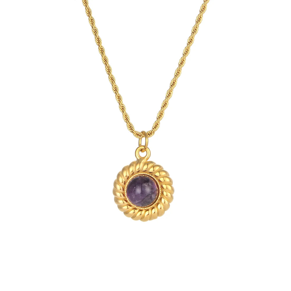 E.B.belle  Natural Stone Shiny Heart Zircon Pendant Necklace Gold Plated Stainless Steel Fashion Women Neck Jewelry