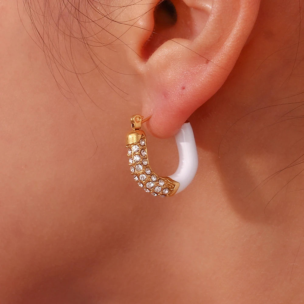 E.B.belle Purple Green White Enamel U Shaped Rhinestone Crystal Paved Y2K Hoop Earrings For Girls Female Ladies Colorful Earring