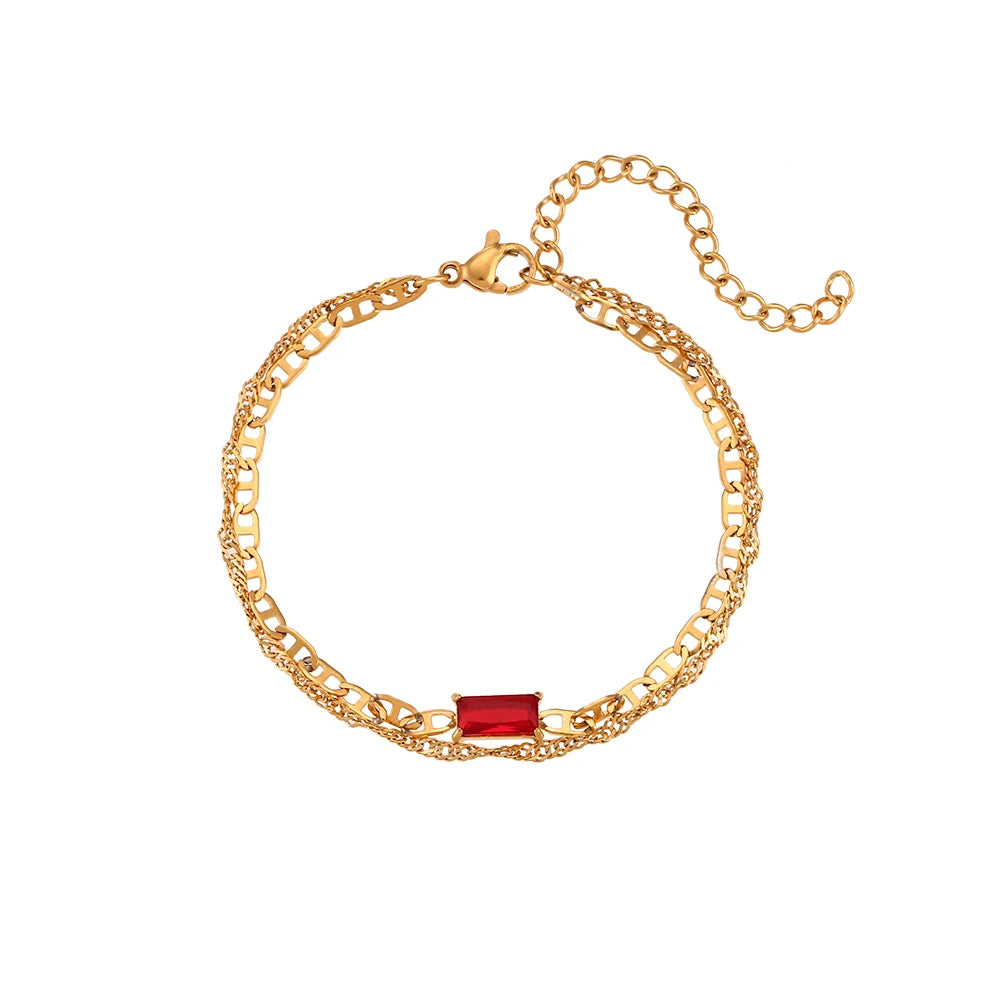 E.B.belle Double Layers Pig Nose Chain Shiny Zircon Bracelet PVD Plated Stainless Steel Women Jewelry Accessories