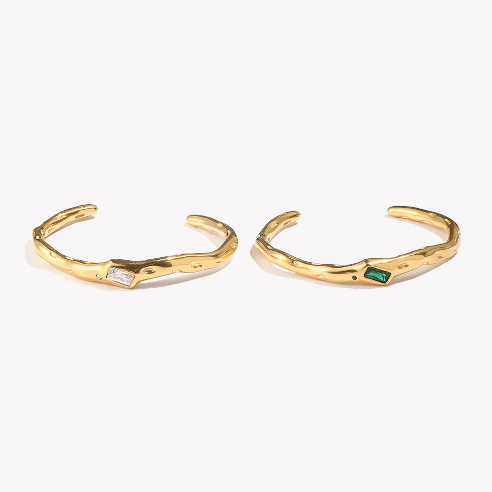 E.B.belle Irregular Opening Rectangular Zircon Bracelet 18K Gold Plated Green Color 316L Stainless Steel Women's Hand Bracelets