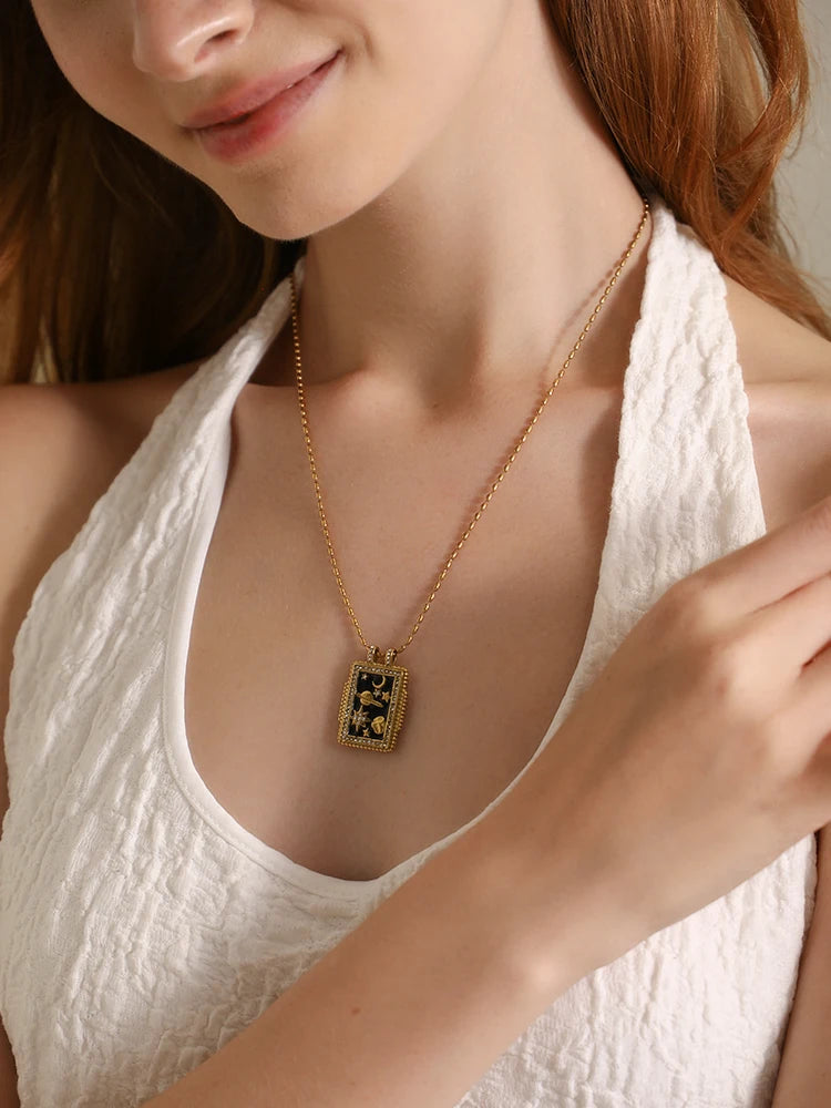 E.B.belle Colorful Enamel Square Zircon Pendant Necklace 18K Gold Plated Stainless Steel Fashion Neck Jewelry