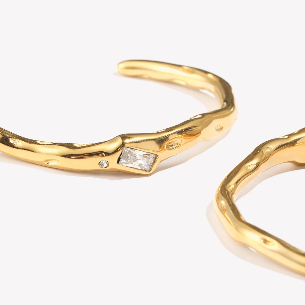 E.B.belle Irregular Opening Rectangular Zircon Bracelet 18K Gold Plated Green Color 316L Stainless Steel Women's Hand Bracelets