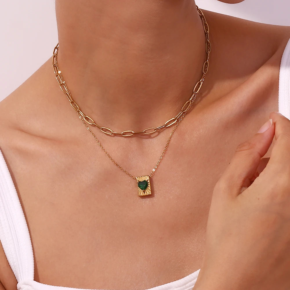 E.B.belle Heart Zircon Radiant Rectangular Card Pendant Necklace Colorful Stainless Steel Decoration 18K Gold Plated Jewelry