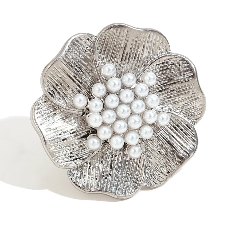 E.B.belle Elegant Big Bloom Imitation Pearl Stamen Ring Jewelry Stainless Steel Body Decoration Hypoallergenic For Ladies Charm