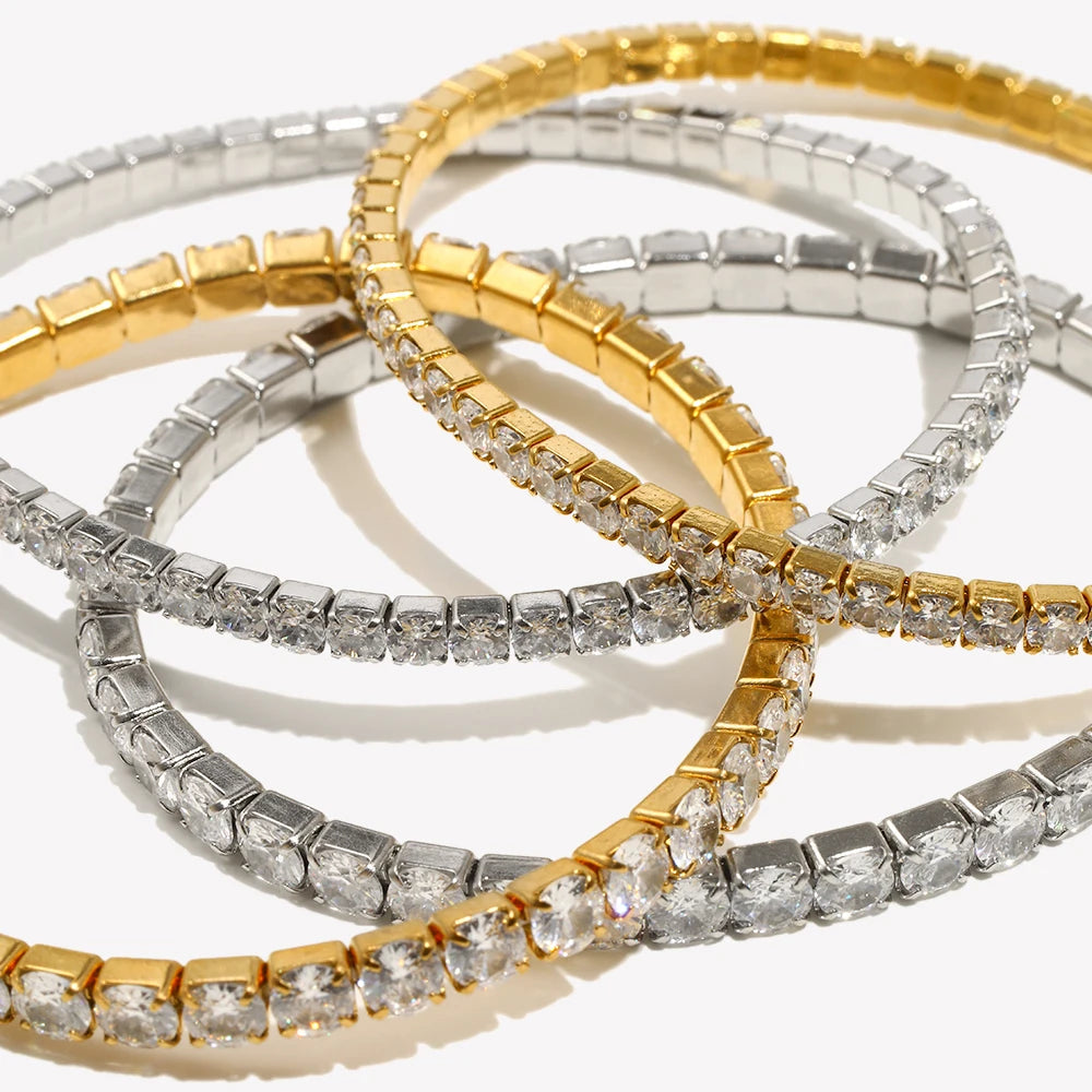 E.B.belle 3mm 4mm Elastic Square Zircon Bracelet Stainless Steel Shiny Jewelry Gold/Silver Color Fashion Women Decoration Charm