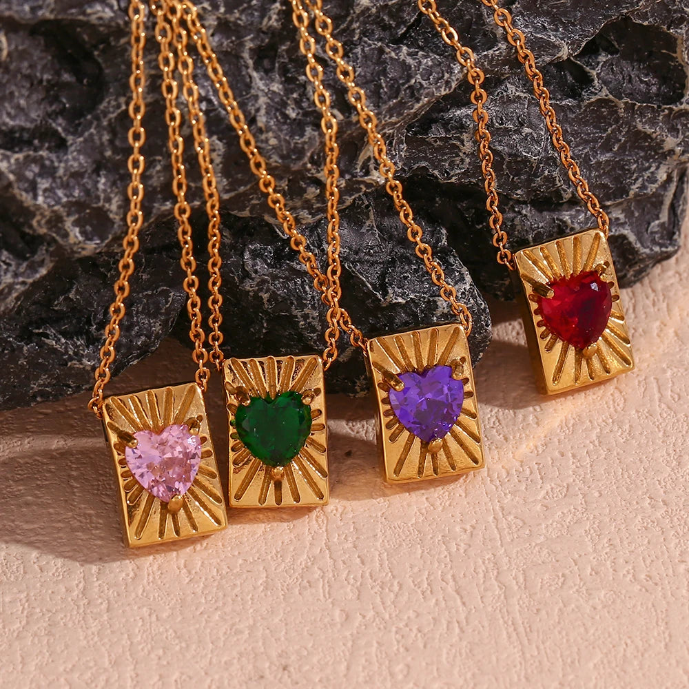 E.B.belle Heart Zircon Radiant Rectangular Card Pendant Necklace Colorful Stainless Steel Decoration 18K Gold Plated Jewelry