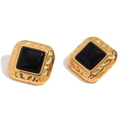 E.B.belle Hammer Pattern Square Black Acrylic Earrings 18K Gold Plated Jewelry 316L Stainless Steel Accessories