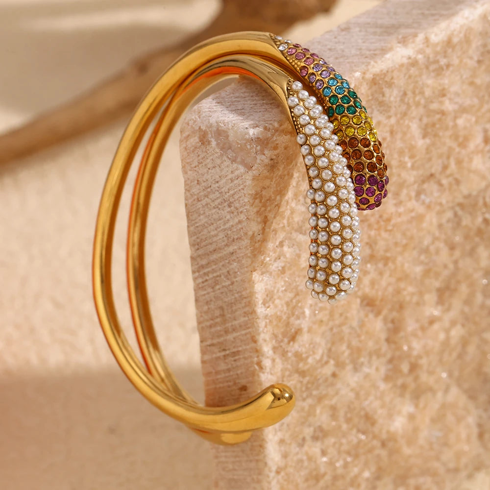 E.B.belle Colorful Rhinestone Snake Head Bracelet 18K Gold Plated Stainless Steel Opening Bracelet Bangle Waterproof Jewelry