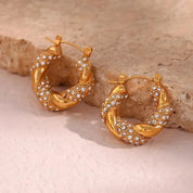 E.B.belle Crystal Paved Twisted Rope Style Rhinestone Hoop Earrings For Women Stainless Steel Chunky Statement Hoop Earring