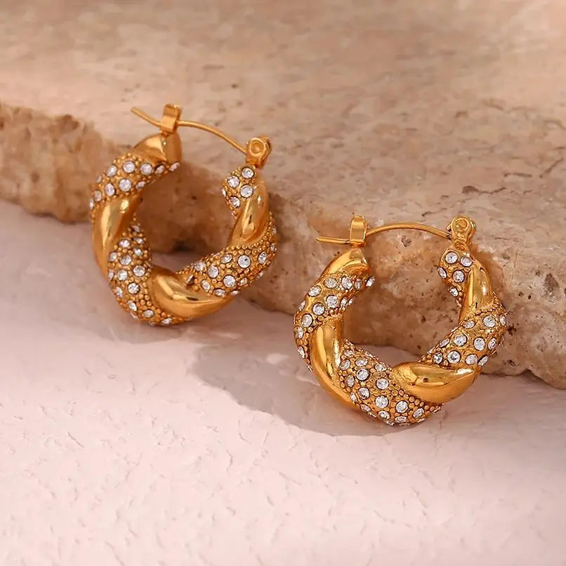 E.B.belle Crystal Paved Twisted Rope Style Rhinestone Hoop Earrings For Women Stainless Steel Chunky Statement Hoop Earring