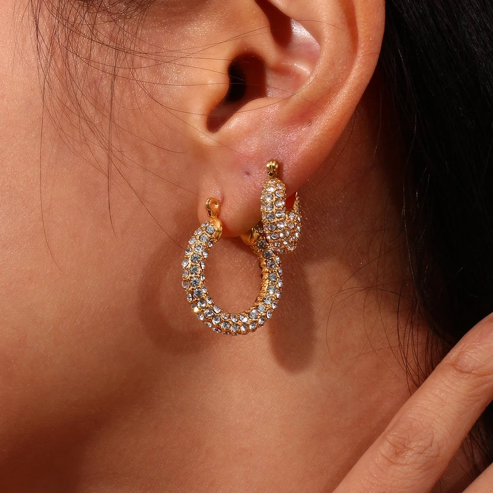 E.B.belle New Delicate Quality Luxury 3A Zircon Hoop Earrings Stainless Steel Jewelry 18K Gold Plated Clear Crystal Earrings