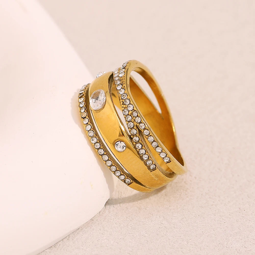 E.B.belle Creative Luxury Multipile Zircon Ring High Quality Stainless Steel 18K Gold Plated Party Statement Jewelry Accessories