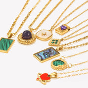 E.B.belle  Natural Stone Shiny Heart Zircon Pendant Necklace Gold Plated Stainless Steel Fashion Women Neck Jewelry