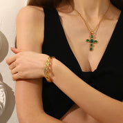E.B.belle Green/Red Color Oval Shape Gemstone Cross Pendant Necklace Gold Plated Stainless Steel Fashion Neck Jewelry