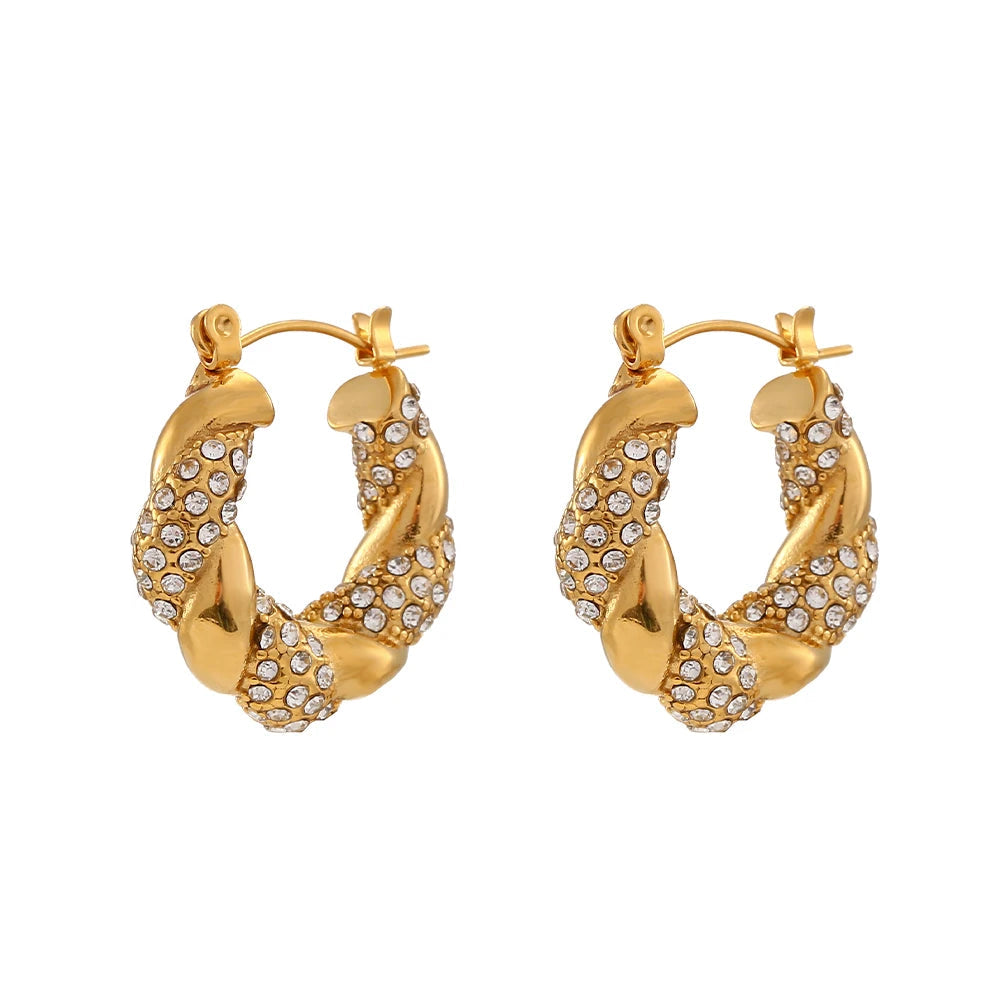 E.B.belle Crystal Paved Twisted Rope Style Rhinestone Hoop Earrings For Women Stainless Steel Chunky Statement Hoop Earring
