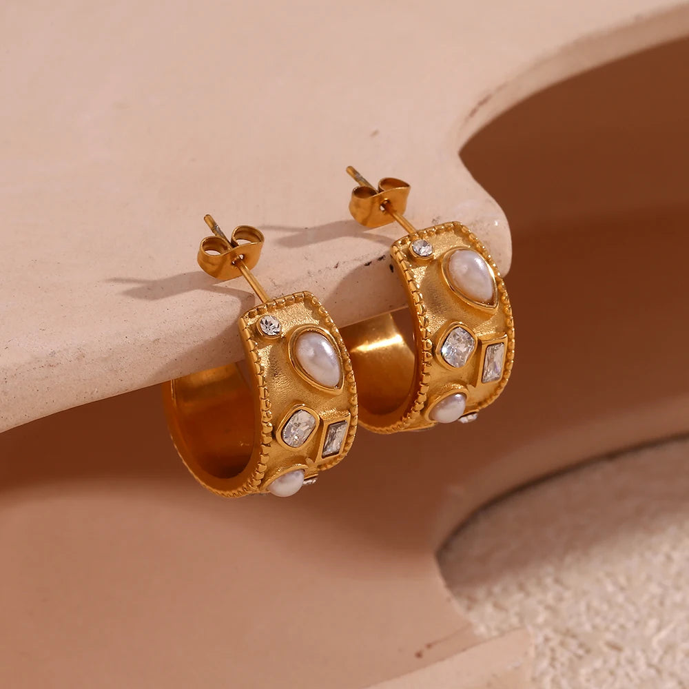 C-shaped Hoop Earrings with Pearl Geometric Rhinestone Silver Color 316L Stainless Steel Accessories 18K Gold Plated Jewelry