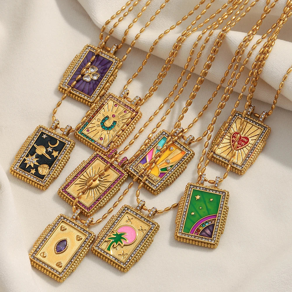 E.B.belle Colorful Enamel Square Zircon Pendant Necklace 18K Gold Plated Stainless Steel Fashion Neck Jewelry