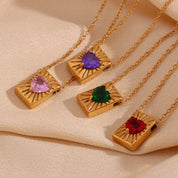 E.B.belle Heart Zircon Radiant Rectangular Card Pendant Necklace Colorful Stainless Steel Decoration 18K Gold Plated Jewelry