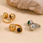 E.B.belle Double Balls Clip Agate Stone Opening Ring Waterproof 316L Stainless Steel Natural Stone Jewelry For Fashion Women