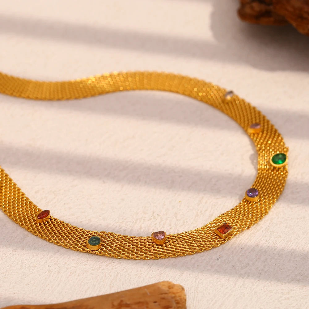 E.B.belle 18K Gold Plated New Net Colorful Zircon Choker Necklace Stainless Steel Women Party Jewelry