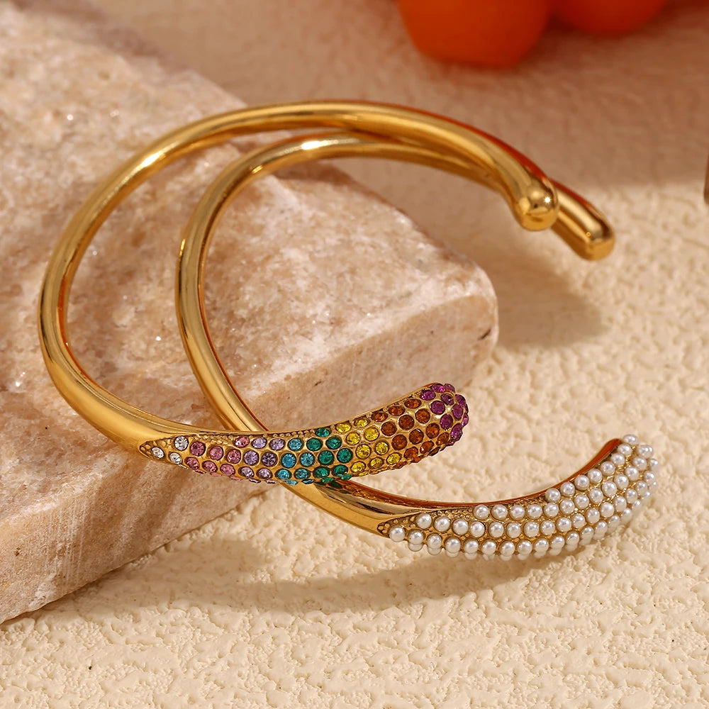 E.B.belle Colorful Rhinestone Snake Head Bracelet 18K Gold Plated Stainless Steel Opening Bracelet Bangle Waterproof Jewelry