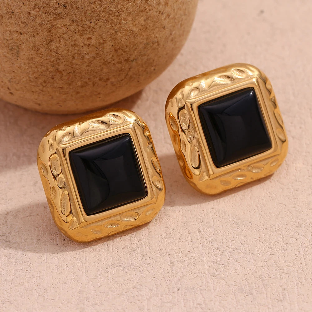 E.B.belle Hammer Pattern Square Black Acrylic Earrings 18K Gold Plated Jewelry 316L Stainless Steel Accessories