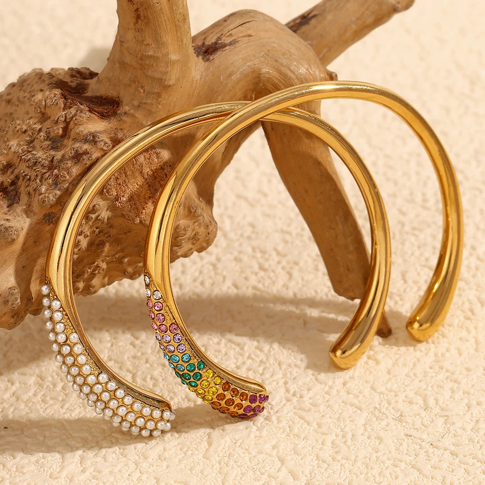 E.B.belle Colorful Rhinestone Snake Head Bracelet 18K Gold Plated Stainless Steel Opening Bracelet Bangle Waterproof Jewelry