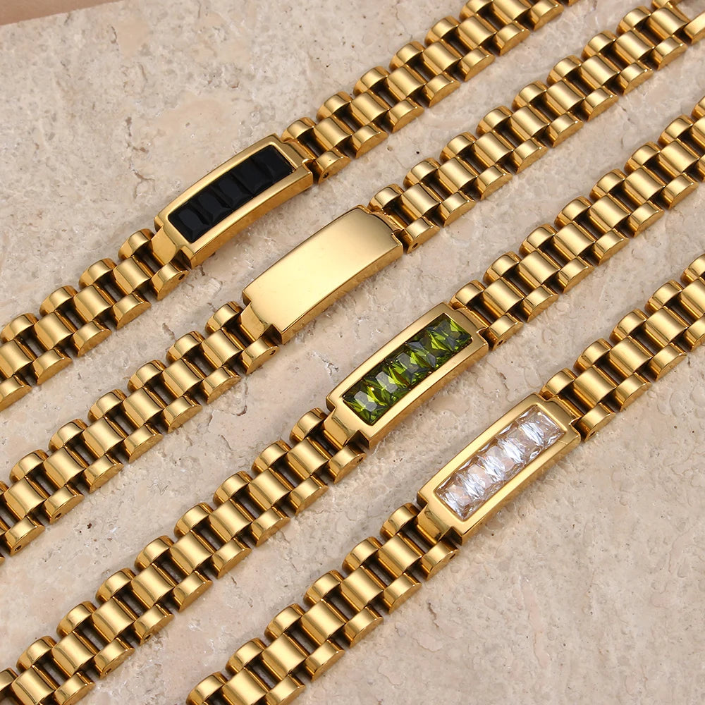 E.B.belle Oringinal Design Black White  3A Zircon Paved Watchband Wrist Bracelets For Women Stainless Steel Gold Plated Bangles
