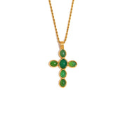 E.B.belle Green/Red Color Oval Shape Gemstone Cross Pendant Necklace Gold Plated Stainless Steel Fashion Neck Jewelry