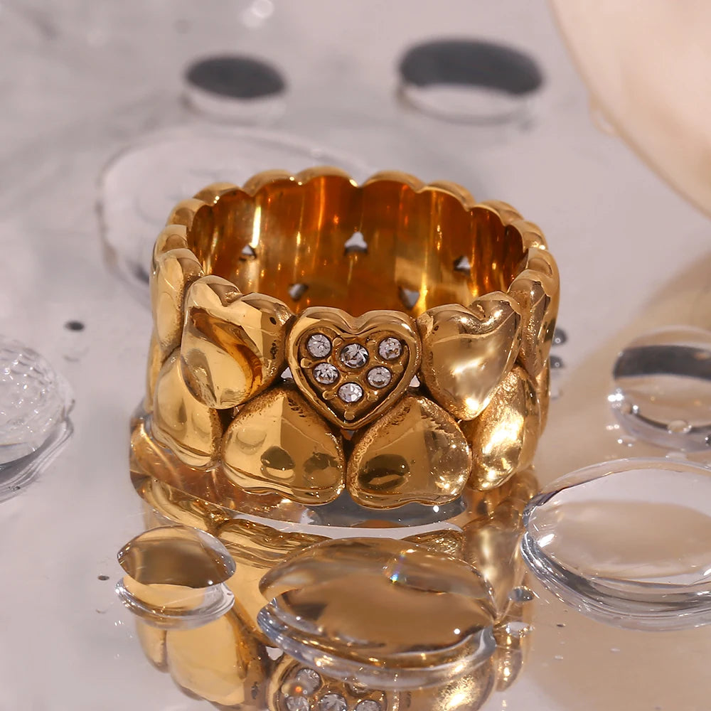 Rhinestone Filled Casting Mould Wide Band Y2K accessories Heart Rings For Girls Ladies Bold Stainless Steel Gold Plated Ring