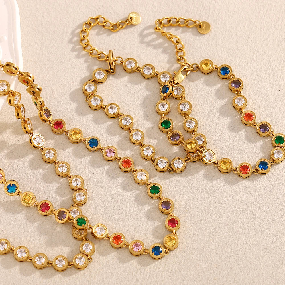 E.B.belle Multicolor Luxury Round Zircon Necklace Bracelet PVD Plated Stainless Steel Classic Style Party Shiny Chic Jewelry