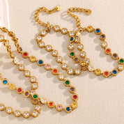 E.B.belle Multicolor Luxury Round Zircon Necklace Bracelet PVD Plated Stainless Steel Classic Style Party Shiny Chic Jewelry